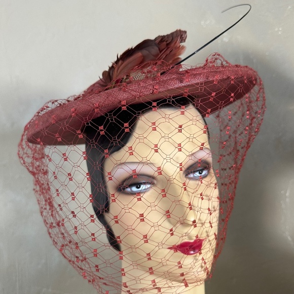 ENCHANTING 1940s\' SALMON COLOR STRAW WIDE BRIM FEDORA WITH MATCHING FULL VEIL main image 13